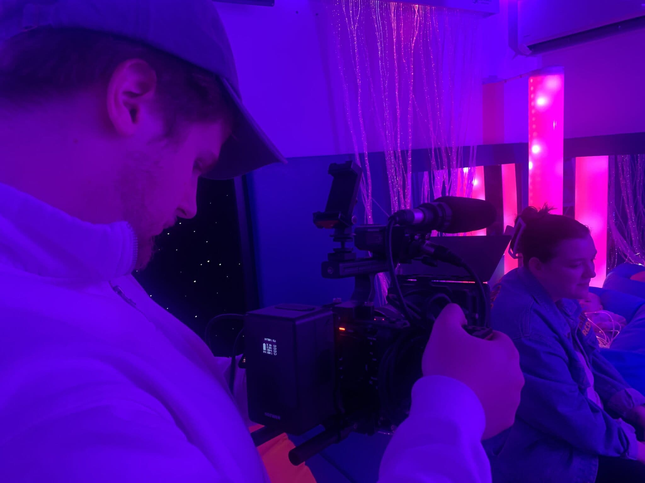 Josiah filming video content in a sensory room for Noa's Place, Vault 5 Digital Halifax West Yorkshire charity marketing agency